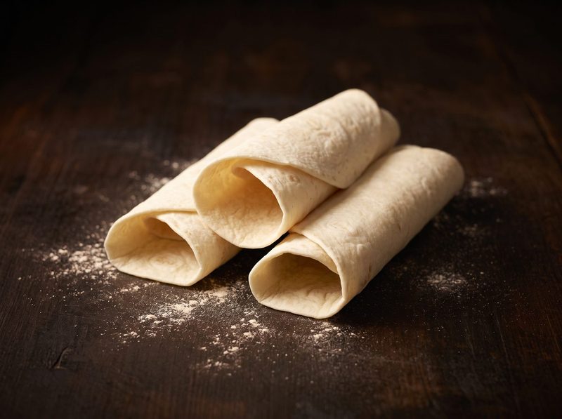 Three rolled Dürüm Lavaş on dark wood with spilled flour