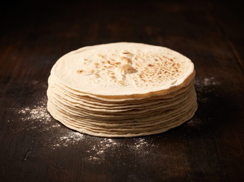 A round stack of Hazır Köy Yufkası on dark wood with spilled flour